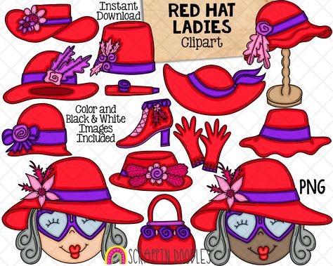 Red Hat Society Fashion, Bumble Bee Clipart, Red Hat Club, Red Hat Ladies, Red Hat Society, Hat Clips, Paper Embroidery, Hat Embroidery, Black N White Images