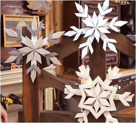 Craftsman shows how to easily make 3 large wooden snowflakes for less than a dollar Wooden Snowflakes Diy, Snowflakes Diy, Rustic Wood Lanterns, How To Make Snowflakes, Wood Snowflake, Snow Flakes Diy, Wood Lantern, Wooden Snowflakes, Barn Board