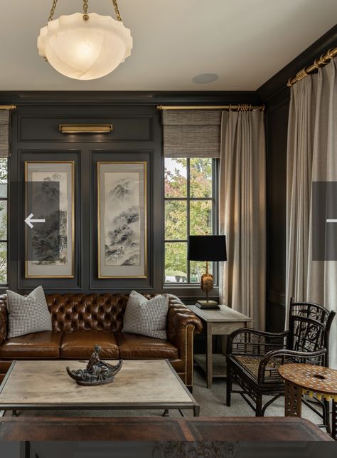 Colonial Inspired Interior, Urban Bronze Media Room, 20s Inspired Home Decor, Masculine Country Living Room, Dark Grey Family Room, Funky Sunroom, Minimal Luxury Interior Living Rooms, Small Colonial House Interior Design, Gentleman Room