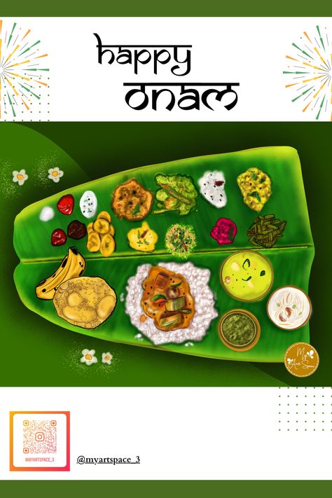 Where deliciousness meets tradition: My Onammunity! Sadhya is a traditional Kerala meal, essentially vegetarian, served on a banana leaf. A typical Sadhya can have two to three dozen dishes, which may sometimes go up to 64! During the 10-day Onam festival, an elaborate Sadhya is prepared which perhaps is another big attraction of the festival.💚🌴😋 Onam Sadhya Illustration, Onam Painting, Banana Leaf Illustration, Onam Sadya, Onam Festival, Leaf Illustration, Digital Portrait Art, Commissioned Artwork, Digital Art Illustration