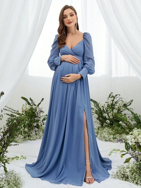 Maternity V Neckline Split Thigh Chiffon Maxi DressI discovered amazing products on SHEIN.com, come check them out! Vestidos Para Baby Shower Mama, Pregnant Elegant Dress, Vestido Baby Shower Mama, Pregnant Gown, Pregnant Dresses, Chiffon Maternity Gown, Vestidos Para Baby Shower, Latest Maternity Dresses, Maternity Dress Outfits