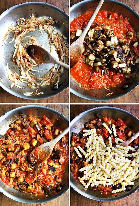 A favorite summer pasta! Roasted eggplant, caramelized onions, fresh tomato sauce and a hint of sherry vinegar combine to make this summer pasta dish truly fantastic. #eggplant #pasta #tomatoes #sherryvinegar #vegetarian Onion Pasta, Summer Pasta Dishes, Eggplant Pasta, Tomato Recipe, Fresh Tomato Sauce, Roast Eggplant, Caramelized Onion, Tomato Pasta, Eggplant Recipes