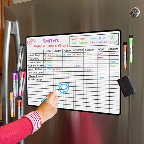 AmazonSmile : Large Magnetic Dry Erase Chore Chart 19 x 13 in - with Stain Resistant Technology - Fridge White Board Planner for Multiple Kids, Teens and Adults - Includes 8 Markers and Eraser with Strong Magnets : Office Products White Board Ideas Chores, Chore Board For Adults, White Board Family Organization, Fridge Chore Chart, White Board Daily Schedule Ideas, Chores Chart For Adults, Chore Board Ideas Dry Erase, Family White Board Ideas, White Board To Do List