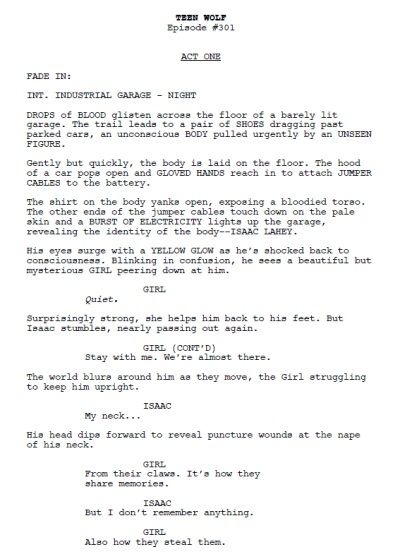 a look at the first script page of Teen Wolf Season 3! Teen Wolf Script, Teen Wolf Season 3, Acting Exercises, Acting Scripts, Screenplay Writing, Life After High School, Acting Techniques, Teen Wolf Seasons, Teen Wolf Memes