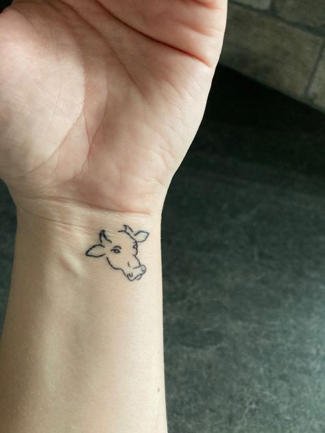 Small wrist tattoo of a cow - simply “moo” Tiny Cow Tattoo, Small Tattoos Minimalist, Tattoo Designs Skull, Tattoo Designs Floral, Tattoo Designs Black And White, Tattoo Designs Watercolor, Tattoo Designs Mandala, Tattoo Designs Traditional, Tattoo Designs Geometric