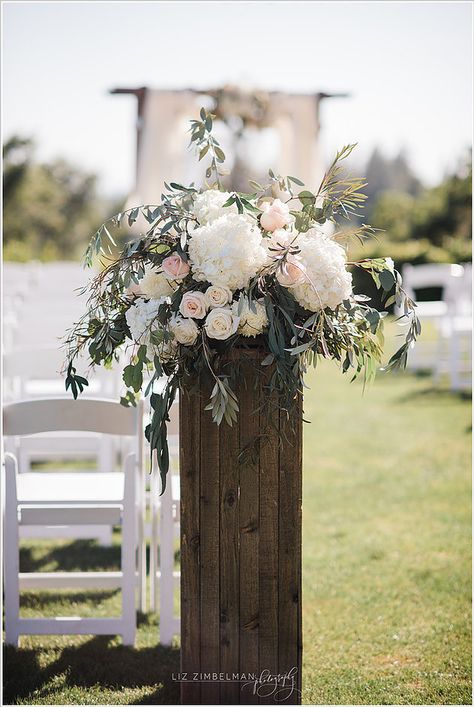 Wooden stand with floral display by Visual Impact Design  / Winchester Country Club / Liz Zimbelman Photography #ceremonyflowers #outdoorwedding #ceremonyentrance Wedding Flowers Roses, Ceremony Aisle, Large Floral Arrangements, Romantic Wedding Flowers, Peonies And Hydrangeas, Blush Wedding Flowers, Wedding Ceremony Arch, Floral Arrangements Wedding, Ceremony Flowers