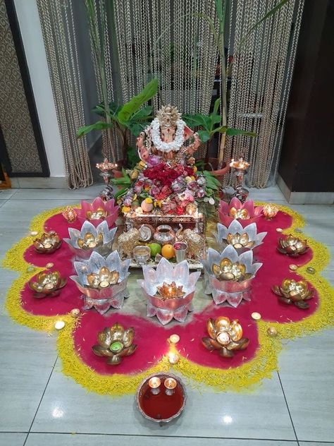 Diwali Decoration Lights, Laxmi Pooja, Bridal Boutique Interior, Ganesh Chaturthi Decoration, Pooja Decor, Home Flower Decor, Pooja Decoration, Janmashtami Decoration, Ganapati Decoration