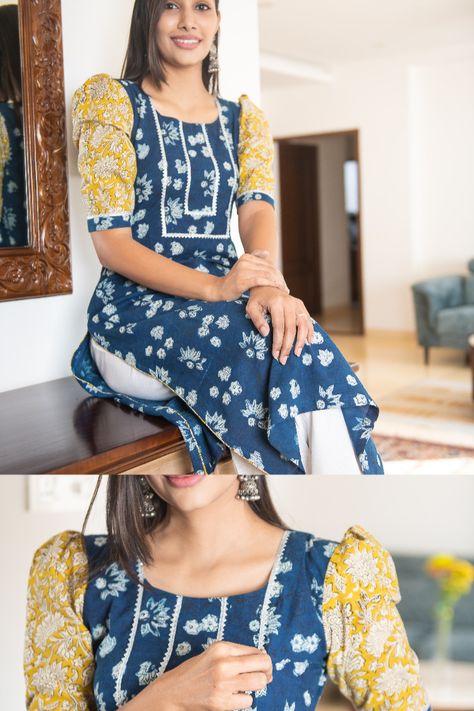 Indigo hand block print; Hand block print; Indigo kurta; Indigo with gota lace; Puff sleeved indigo kurta; Nursing friendly indigo kurta; Nursing kurta Puff Hand Kurti Design, Kurta With Puff Sleeves, Indigo Churidar Design, Puff Sleeve Churidar Design, Indigo Dresses Indian, Hand Block Kurti Designs, Puff Sleeve Salwar, Puff Sleeve Churidar, Indigo Blouse Designs