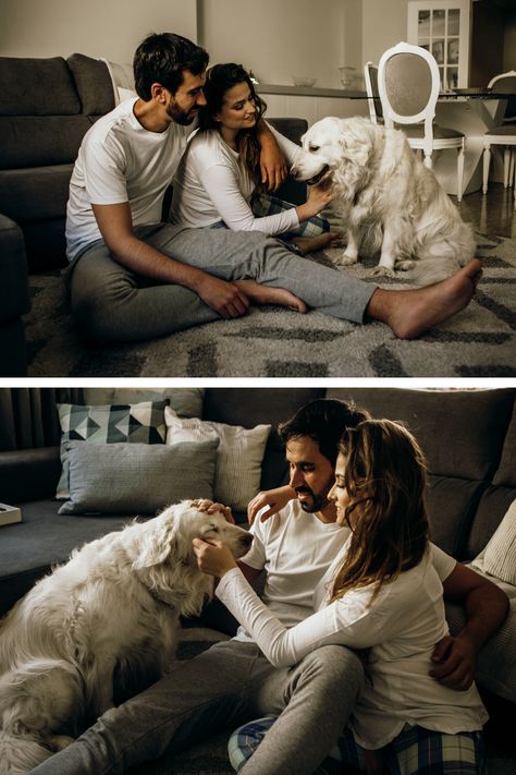 Dog Photography Indoor, First Home Pictures, Family Dog Photos, Indoor Engagement Photos, At Home Photoshoot, Christmas Couple Photos, Vibe Board, Photoshoot At Home, Dogs Birthday