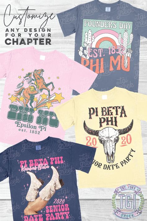 Western shirts by TGI Greek! sorority apparel, sorority shirts, custom shirts, custom sorority shirts, custom fraternity apparel, custom tees, fraternity shirts, fraternity tshirts, country, country music, boots, horse, cactus, cow skull, boho #piphi #Phimu #tgigreek Western Sorority Shirts, Sorority Tee Shirts, Tri Delt, Fraternity Tshirts, Sorority Pr, Sorority Shirt Designs, Design Camp, Sorority Shirt, Sorority Sugar