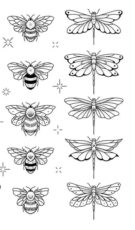 Dragonfly Tattoo Design Inspiration, American Traditional Tattoos Simple, Insect Line Art, Dragon Fly Tattoo Stencil, Bee Flash Tattoo, Simple Bug Drawing, Bee Drawing Tattoo, Bee Tattoo Drawing, Printable Tattoo Designs Stencil