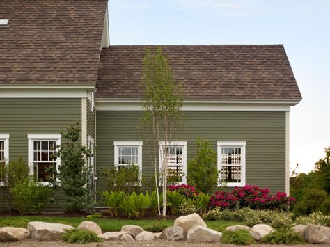 Sage Green House, Green Exterior House Colors, Green House Exterior, Green Siding, Cabin Diy, House Paint Color Combination, Brown Roof, Exterior House Color, Cabin Exterior