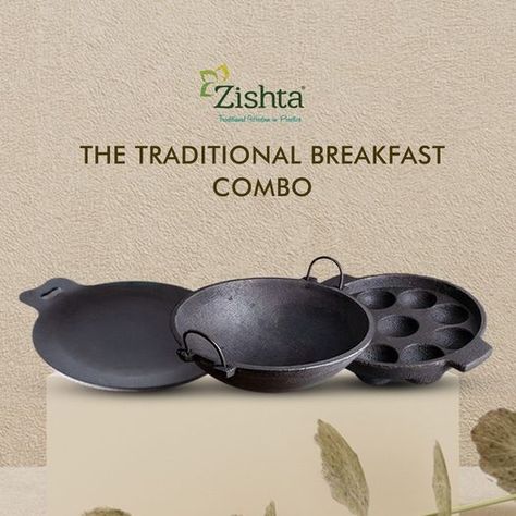 Zishta cast iron cookware is made using the traditional sand molds from the local river sand, known for it's specialty of fine sand as it is in a high flow region of the river. Pure railway grade iron is used in the casting process. The dosa tawa is made of pure iron which has a longer life and has been traditionally seasoned using charcoal heat and sesame oil, rubbed in with husk. Cookware Essentials, Kitchen Wear, Cast Iron Grill Pan, Traditional Breakfast, Dutch Ovens, Cast Iron Grill, Iron Rich, Frying Pans, Iron Cookware