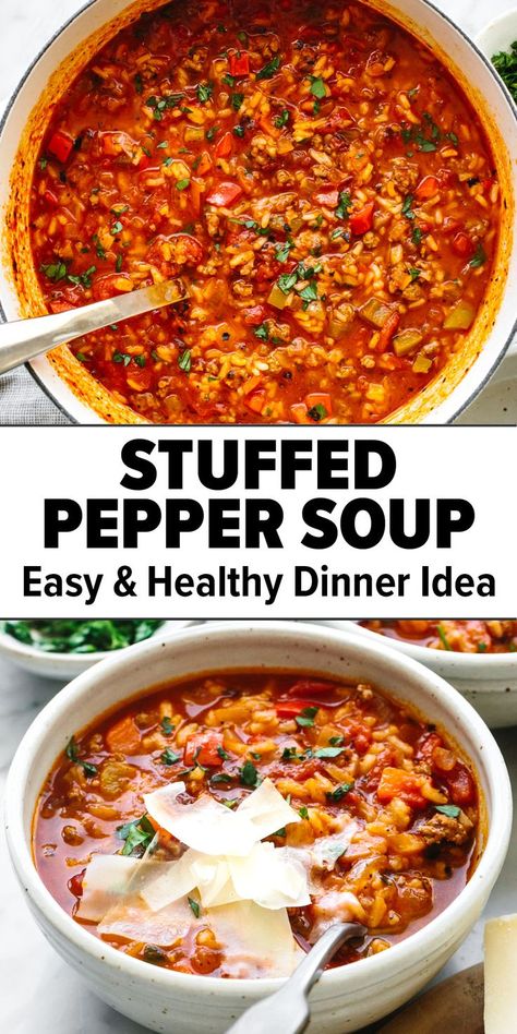 Stuffed pepper soup recipe Beef Broth Soup Recipes, Stuffed Pepper Soup Crockpot, Easy Stuffed Pepper Soup, Stuffed Pepper Soup Recipe, Easy Fall Dinner, Pepper Soup Recipe, Easy Stuffed Peppers, Stuffed Peppers Healthy, Low Carb Soup Recipes