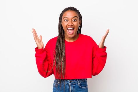 Photo feeling happy excited surprised or... | Premium Photo #Freepik #photo #african-hair #black-beauty #braid #beautiful-woman Clapping Hands, Free Flyer Design, Stock Photos People, Student Photo, Studio Portrait Photography, Happy Black, Portrait Photography Women, Afro Women, A Concept