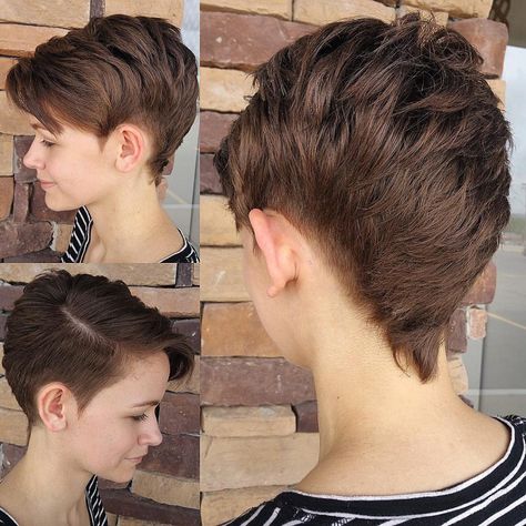 Modern Textured Faux Hawk with Side Swept Bangs and Brunette Color Short Hairstyle Pixie Faux Hawk, Faux Hawk Women, Side Cut Hairstyles, Cute Pixie Cuts, Faux Hawk Hairstyles, Haircut Styles For Women, Short Hair Hacks, Short Haircut Styles, Cute Short Haircuts