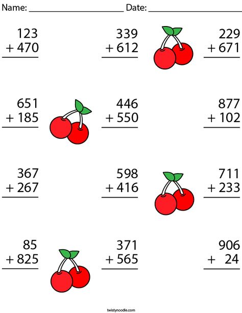 3 Digit Addition Challenge Math Worksheet - Twisty Noodle 3 Digit Subtraction, Holiday Math Worksheets, Homework Worksheets, Math Enrichment, Math Practice Worksheets, Holiday Homework, Free Printable Math Worksheets, 4th Grade Math Worksheets, Holiday Math