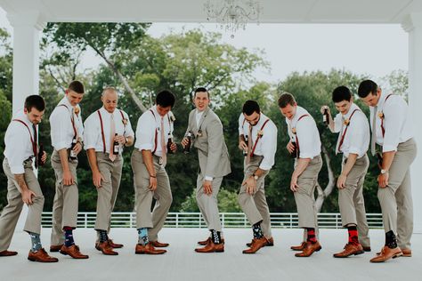 Groomsmen Mountain Wedding, Tan Pants With Suspenders Wedding, Groomsmen Attire Tan Pants, Tan Suspenders Groomsmen, Earthy Groomsmen Attire, Barn Wedding Groomsmen Attire, Groomens Attire, Summer Wedding Groomsmen, Khaki Groomsmen