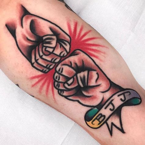 Fist Bump Tattoo, Bjj Tattoo, Martial Arts Tattoos, Jiu Jitsu Tattoo, Boxer Tattoo, P Tattoo, Neotraditional Tattoo, Traditional Style Tattoo, Omerta Tattoo