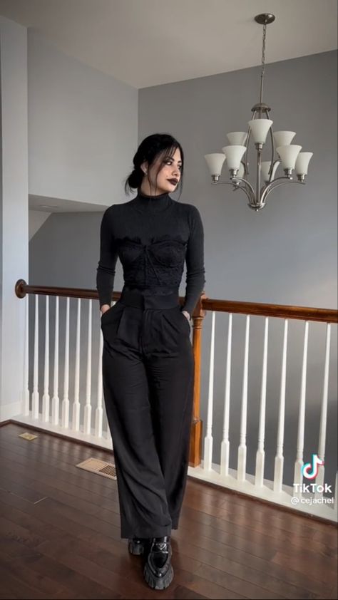 Casual Fall Goth Outfits, Black With A Pop Of Color Outfits, Elevating Your Style, Dark Aesthetic Outfits Winter, Goth Outfit Winter, Modern Goth Aesthetic, Winter Gothic Outfits, Gothic Casual Outfits, Corporate Goth Aesthetic