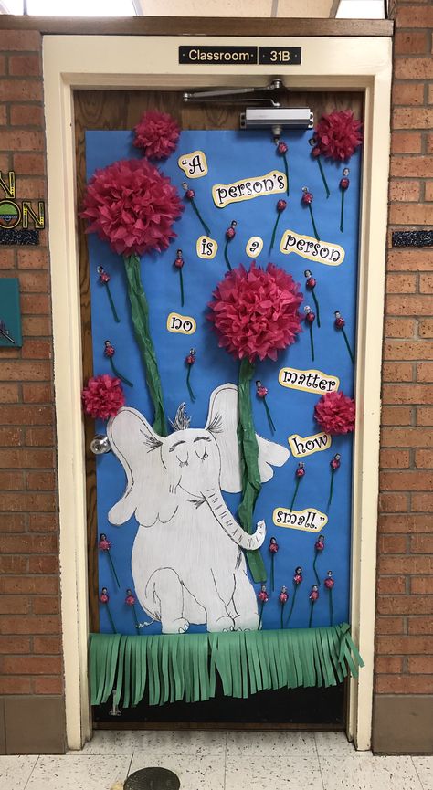 Dr. Seuss door decoration “Horton Hears a Who” Dr. Seuss Door, Dr Seuss Door, Dr Seuss Classroom Door, Preschool Door Decorations, Dr Seuss Bulletin Board, Dr Seuss Decorations, School Nurse Office Decorations, Door Decorating Ideas, Dr Seuss Classroom