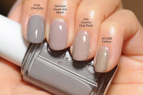 Comparison: Essie Chinchilly, OPI GelColor Taupe-less Beach, Orly Country Club Khaki (regular, not gel), SH CSM Fedora Taupe Nail Polish, Essie Chinchilly, Gray Nail Polish, Taupe Nails, Gray Nail, Essie Nail Colors, Gel Nail Colors, Essie Nail Polish, Essie Nail