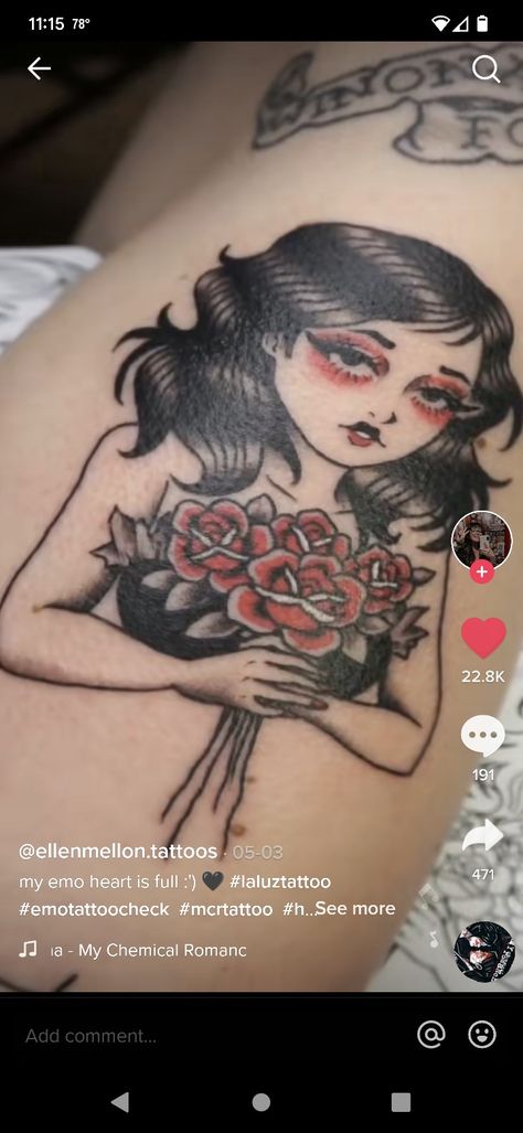 By @ellenmellon.tattoos My Chemical Romance Tattoo, Helena My Chemical Romance, Romance Tattoo, Tattoos For Lovers, Stick N Poke Tattoo, Cute Tiny Tattoos, Poke Tattoo, Traditional Tattoo Flash, Badass Tattoos