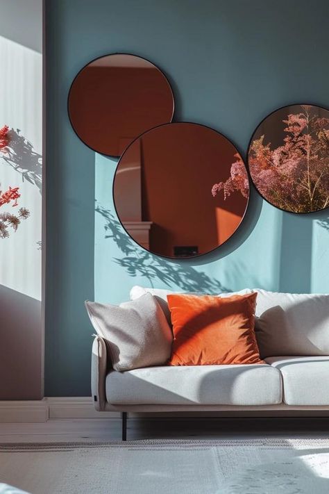 How To Arrange 3 Circle Mirrors On Wall: Decorative Layout Mirror And Art Wall Layout, Two Round Mirrors On Wall, Mirror Collage Wall, Mirrors On Wall, Wall Decor Arrangements, Circle Mirrors, Triple Mirror, Mirror Collage, Mirror Inspiration