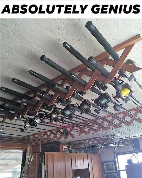 Garage Storage Ideas Tools, Diy Fishing Rod Holder, Fishing Pole Storage, Diy Fishing Rod, Fishing Pole Holder, Garage Organizing, Storage Shed Organization, Fishing Storage, Fishing Rod Storage