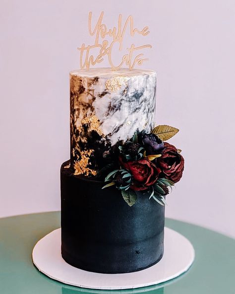 Wedding Cake Inspiration - Fall, moody, jewel tones, black, gold Dark Fairytale Wedding Colors, Moody Jewel Tone Wedding Cake, Black Accent Wedding Cake, Black And Copper Wedding Cake, Jewel Toned Wedding Cake, Dark Moody Wedding Cake, Dark Fairytale Wedding Cake, Black And Green Wedding Cake, Jewel Tone Cake