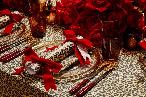 Fiona Leahy, Leopard Print Party, Creative Candles, Christmas Tablescape, Santa Claus Is Coming To Town, Crystal Wine Glasses, Vintage Napkins, Vintage Candlesticks, Red Table