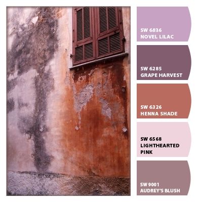 Paint colors from ColorSnap by Sherwin-Williams Terracotta And Purple Bedroom, Sherwin Williams Mauve Colors, Mauve Paint, Copper Colour Palette, Violet Color Palette, Lilac Interior, Peach Color Schemes, Terracotta Kitchen, 2024 Colors