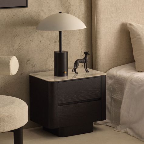 The Clio Black Bedside with a white ceramic top is a sophisticated & versatile bedside table. The Clio features a black oak veneer, jazz white ceramic top with a marble effect and 2 drawers with silent drawer glides. This popular and stylish bedside table will add sophistication and style to any bedroom setting. Go to our website to see the other colors we have available. #australiandesigner #australiandesign #interiorstyling #homedecor #modernfurniture #furniture #homefurniture #interiorde... Bedside Tables Bedroom, Black Bedside, Drawer Glides, Oak Veneer, Marble Effect, Bedside Tables, Australian Design, Marble Top, White Marble