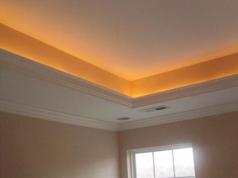 Tray ceiling lights (run A/C vents along also to hide ugly vent covers!) Tray Ceiling Lighting, Crown Molding Lights, Tray Ceiling Bedroom, Ceiling Cove, Kitchen Lighting Remodel, Moving New House, Ceiling Molding, Ceiling Crown Molding, Ceiling Trim