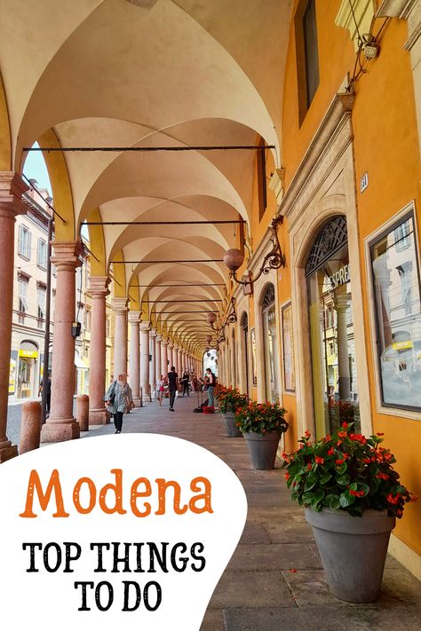 A street covered by archways in Modena Italy. Walking through the historic center is one of the best things to do in Modena Ferrari Museum Italy, Italy Culture, Italian Dolomites, Italian Romance, Modena Italy, Enzo Ferrari, Explore Italy, Car Museum, Travel Italy