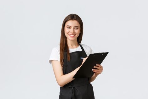 Grocery store employees, small business ... | Premium Photo #Freepik #photo #food #coffee #people #restaurant Black Apron, Market Shopping, Clipboard, Coffee Shops, White Wall, Premium Photo, Grocery Store, White Walls, Mix And Match