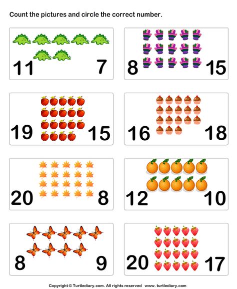 Count pictures - TurtleDiary.com Counting Up To 20 Worksheets, Math Counting Activities, Counting Worksheets For Kindergarten, Kindergarten Math Worksheets Addition, Kindergarten Math Worksheets Free, Counting To 20, Math Centers Kindergarten, Counting Worksheets, Preschool Math Worksheets