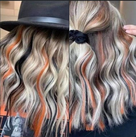 Black Orange Blonde Hair, Halloween Hair Color Ideas For Blondes, October Hair, Dramatic Hair Colors, Dramatic Hair, Hair Color Unique, Bow Clip, Halloween Hair, Dye My Hair