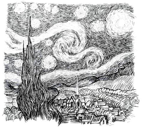 Stary Night Line Art, Van Gogh Ink Drawings, Starry Night Pen Drawing, Starry Night Pen Art, Sky Pen Drawing, Stary Night Drawing Pencil, Art Journal Black And White, Illustration Art Drawing Black And White, How To Draw Starry Night