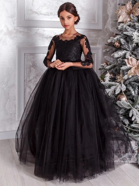 56.95US $ 50% OFF|Black Flower Girl Dresses Tulle Appliques With Bow Long Sleeve For Wedding Birthday Party First Communion Gowns| |   - AliExpress Black Flower Girl Dress, Dresses Tulle, Flower Girl Dresses Tulle, Black Flower, Long Black Dress, Off Black, First Communion, Kids Dress, Appliques