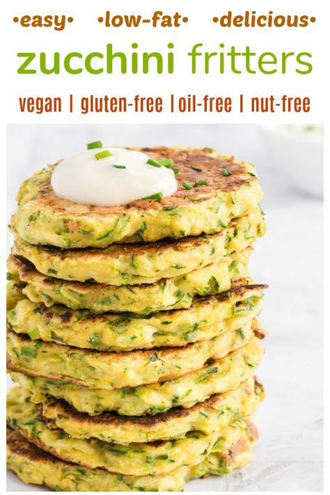 EASY HEALTHY DELICIOUS Zucchini Fritters! These zucchini patties are dairy-free, vegan, gluten-free, oil-free, and nut-free. Low-fat, easy and quick to make,  allergen-friendly, and a fabulous way to use all those seasonal zucchinis!   #zucchini #vegan #recipe Vegan Zucchini Fritters, Zucchini Vegan, Zucchini Patties, Clean Eating Vegan, Vegan Zucchini, Zucchini Fritters, Vegan Appetizers, Low Fat Recipes, Healthy Delicious