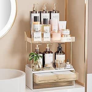 Delamu 2-Tier 2-Drawer Bathroom Organizer Countertop, Multi-Purpose Makeup Organizer Countertop, Large Skincare Organizers, Exquisite Vanity Organizer, Amber Amber Bathroom, Bathroom Organizer Countertop, Makeup Organizer Countertop, Bathroom Trays, Bathroom Counter Organizer, Organize Bathroom Countertop, Counter Organizer, Bathroom Counter Organization, Vanity Organizer