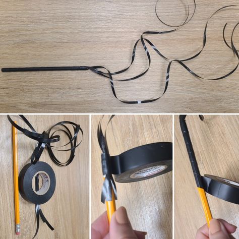 DIY Kid Wip [latigo] (3 Materials) -pencil -black ribbon -black electrical tape 1-Cut 3 pieces of ribbon as long as you want 2- Attach the tip of the 3 ribbons to the pencil using the tape 3- Don't cut the tape and keep wrapping the pencil until you have it complete covered. Electrical Tape, Fright Night, The Pencil, Party Party, Black Ribbon, 3 Things, Diy For Kids, The 3, Circus