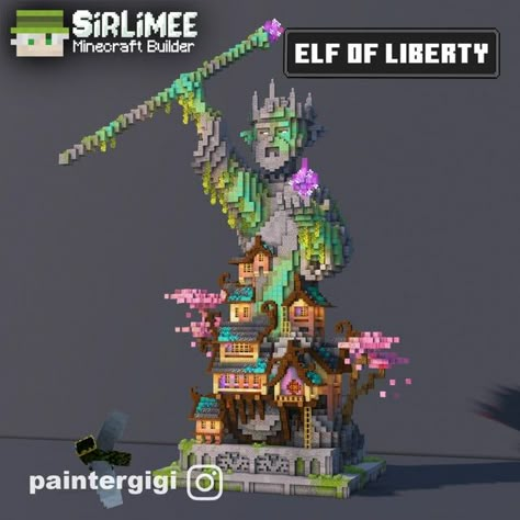 Minecraft Mob Farm Decoration, Minecraft Statue Of Liberty, Minecraft Elf Build, Elf Minecraft Builds, Minecraft Statues Blueprints, Minecraft End Builds, Elf Minecraft, Minecraft Elven, Minecraft Statue Ideas