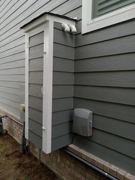 Water Heater Cover Ideas Outdoor, Water Heater Cover, Exterior Refresh, Acorn Cottage, Tiny Acorn, Portable Building, Diy Exterior, Portable Buildings, Window Trim Exterior