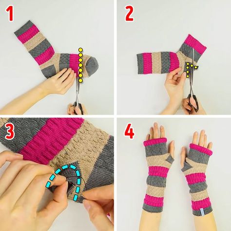 How To Make Gloves Out Of Socks, Upcycle Socks, Diy Fingerless Gloves, Diy Leg Warmers, Diy Hand Warmers, Diy Mittens, Gloves Diy, Diy Wardrobe, Recycled Sweaters