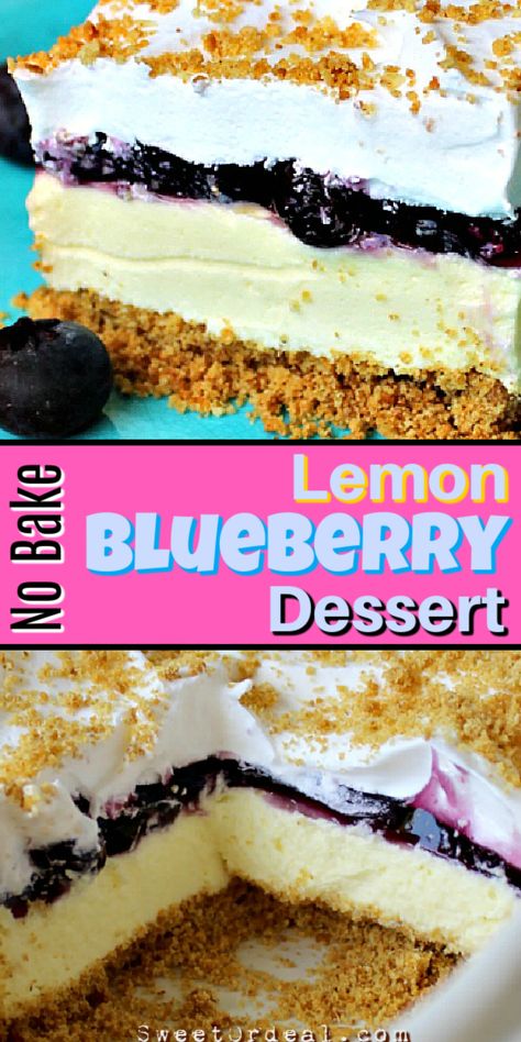 Lemon Blueberry Dessert Recipes, Lemon Lasagna, Blueberry Desserts Recipes, No Bake Lemon, Chilled Desserts, Blueberry Desserts, Lemon Dessert Recipes, Layered Desserts, Cold Desserts