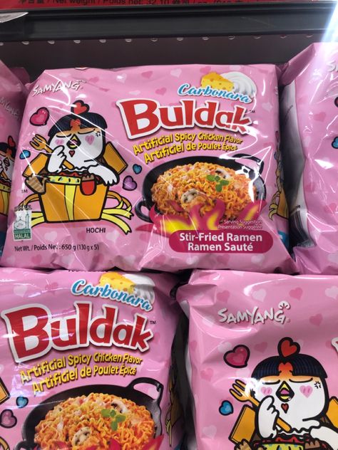 Pink Spicy Noodles, Buldak Noodles Pink, Bulduk Noodles Pink, Pink Buldak Ramen, Buldak Aesthetic, Buldak Noodle, Pink Noodles, Pink Ramen, Carbonara Ramen