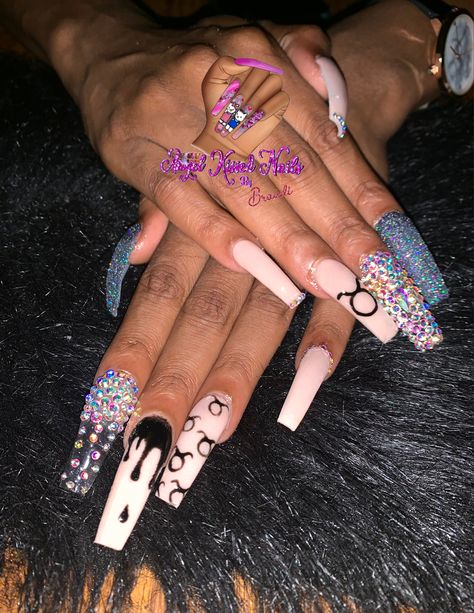 #taurus #taurusnails #nails #longnails #nudenails #bling #nailart #zodiac #birthdaynails Taurus Nails Ideas, Taurus Inspired Nails, Birthday Nail Set Ideas Taurus, Taurus Nails Designs Acrylic, Birthday Nails Taurus, Taurus Birthday Nails, Taurus Nails Designs, Birthday Nails Purple, Taurus Nails