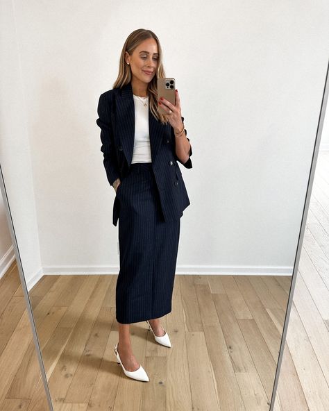 Fashion Jackson Wearing MAYSON the label Navy Pinstripe Double Breasted Blazer, White Tank, Navy Pinstripe Column Maxi Skirt, White Slingback Pumps, Workwear Outfit Idea Navy Pinstripe Blazer Outfit, Pinstripe Blazer Outfit, Casual Trench Coat Outfit, Maxi Skirt White, Pumps Outfit, Casual Trench Coat, Trench Coat Outfit, Pinstripe Blazer, Blazer White